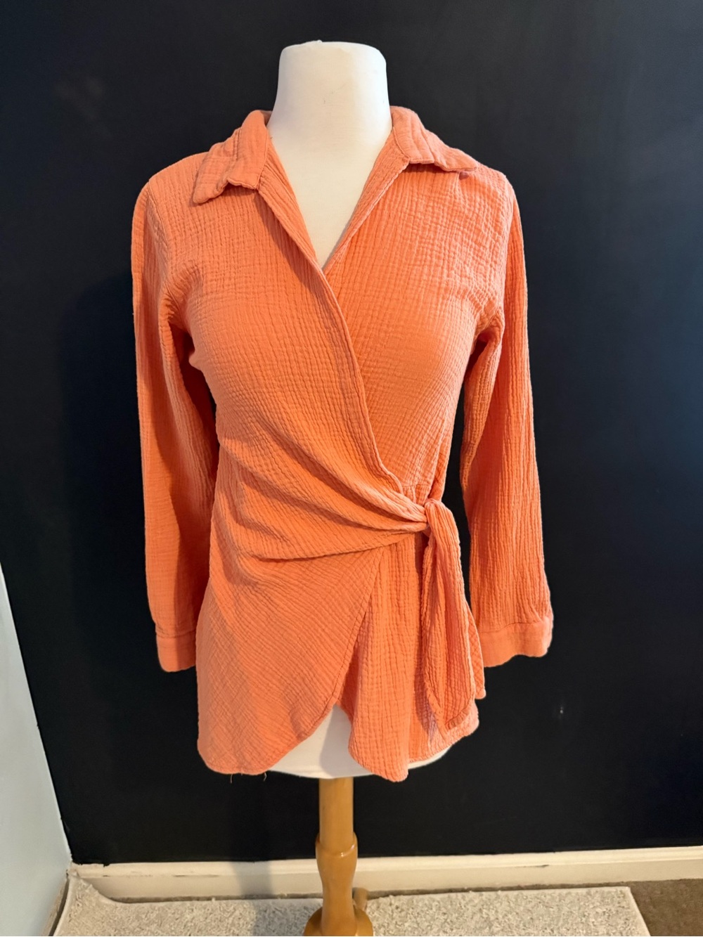 Women's Coral Wrap-Front Long-Sleeve Top Double Gauze soft size medium